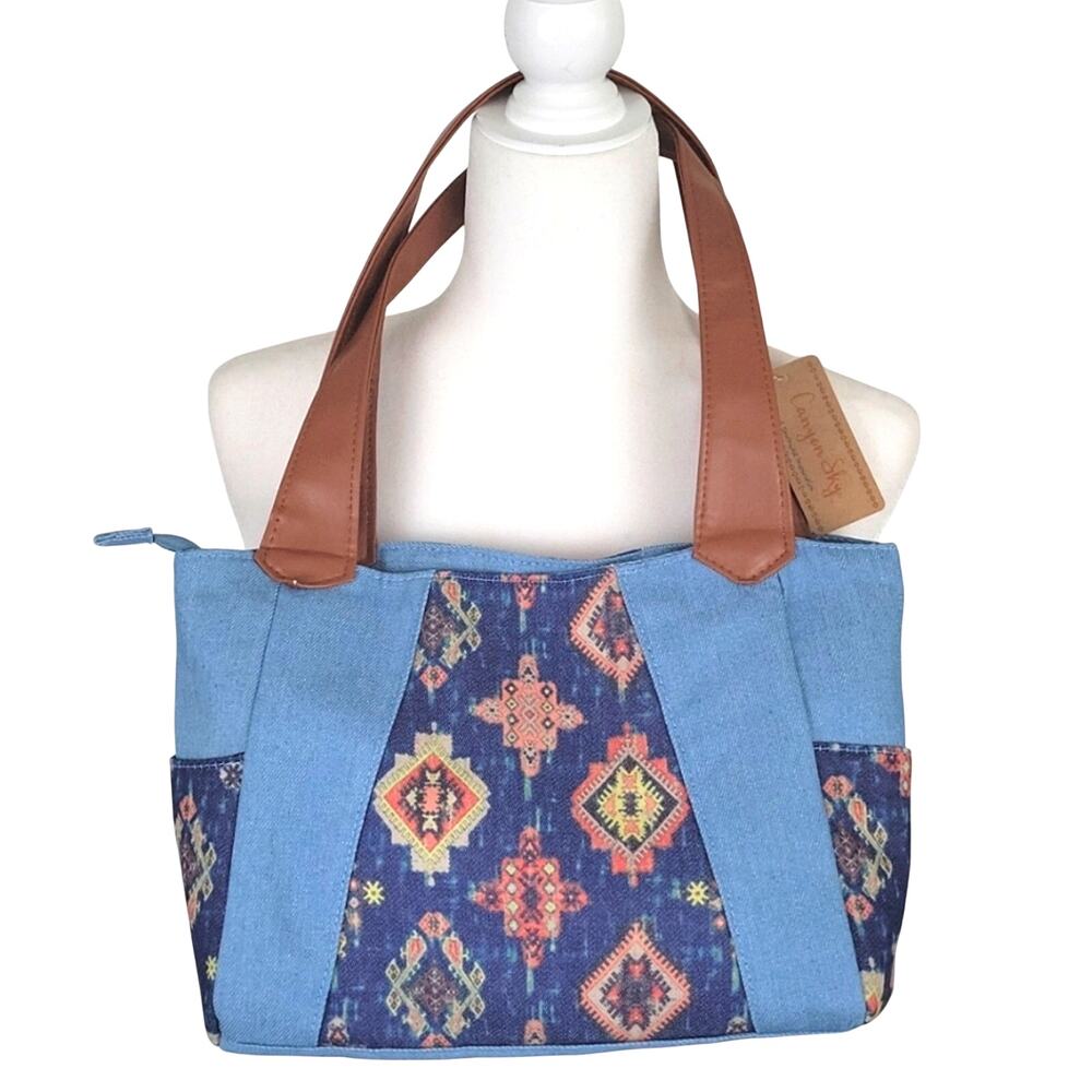 Canyon Sky  Southwest Inspiration Denim and Aztek Print Purse 10"x 8"x 3"  (NWT)